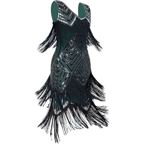 ✨💚 Flapper Great Gatsby 1920s Retro Tassel Fringe Sequin Green Dress XL NEW - Picture 10 of 17